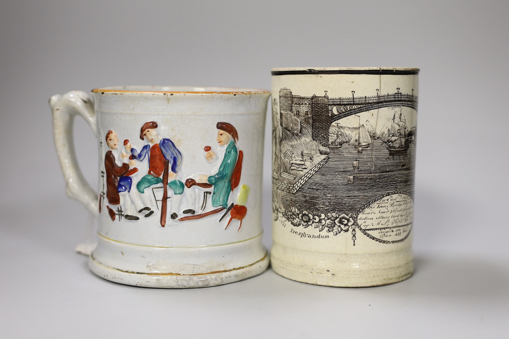 A Sunderland Bridge commemorative creamware ‘frog’ mug, c.1800, 13.5 cm high and a Staffordshire relief moulded mug